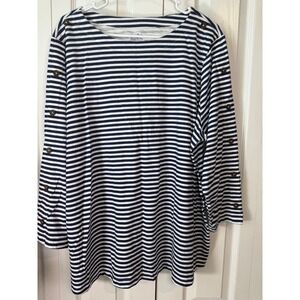 Croft & Barrow Womens XL Navy White Stripe 3/4 Sleeve Boatneck Top Button Detail